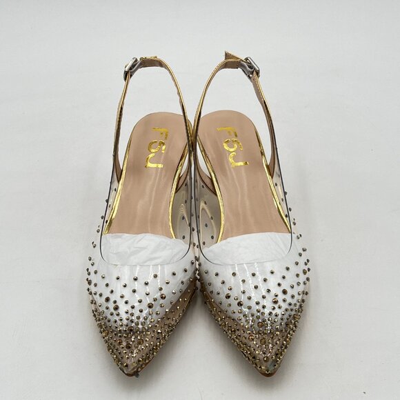 FSJ Gold Crystal Clear Rhinestones Low Heel Slingback Pointed Toe Sandals - Picture 2 of 7